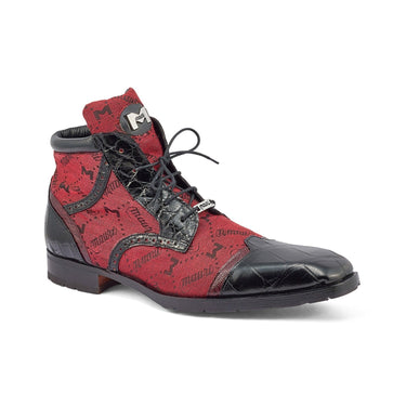 Mauri Jetset in Black / Ruby Red Mens Exotic Alligator / Ostrich Leg / Mauri Fabric Derby Boots