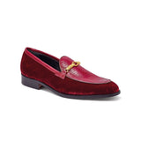 Mauri Baron in Ruby Red Mens Velvet Embossed / Ostrich Leg Horsebit Loafers