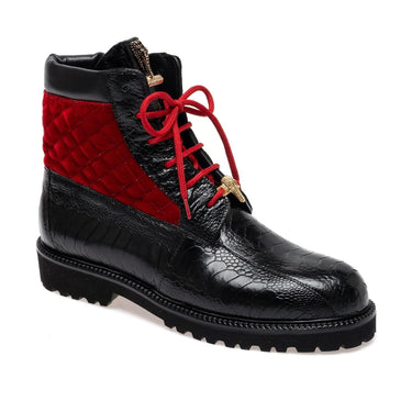 Mauri 4949/4 Hawk Ostrich / Velvet / Leather Boot (MA5688) - Black/Black/Red
