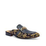 Mauri Bermuda in Black Mens Exotic Ostrich Leg / Gobelins Fabric High End Horsebit Mules