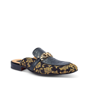 Mauri Bermuda in Black Mens Exotic Ostrich Leg / Gobelins Fabric High End Horsebit Mules