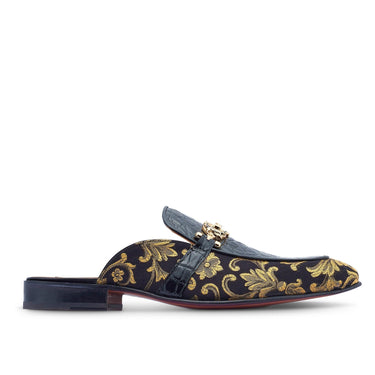 Mauri Bermuda in Black Mens Exotic Ostrich Leg / Gobelins Fabric High End Horsebit Mules in Black