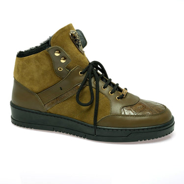 Mauri 8496 Jacked Crocodile / Nappa / Suede Shearling High-Top Sneaker (MA5679) - Olive
