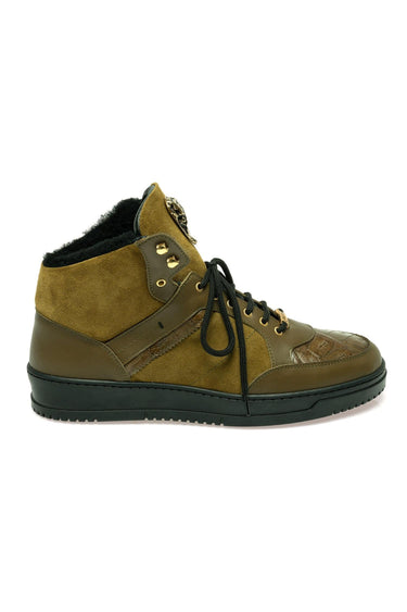 Mauri 8496 Jacked Crocodile / Nappa / Suede Shearling High-Top Sneaker (MA5679) - Olive