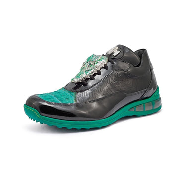 Mauri Bubble in Black / Leaf Green Mens Exotic Crocodile / Patent Embossed Leather Casual Sneakers