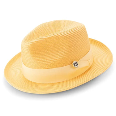 Montique Belmont Pinch Front Polybraid Straw Fedora in Canary #color_ Canary
