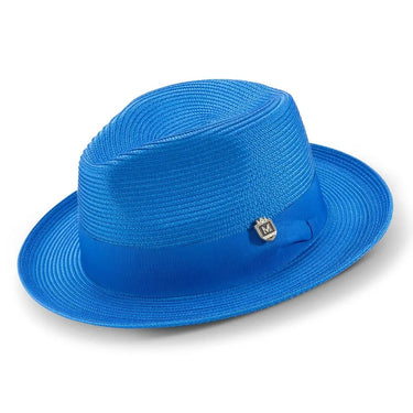 Montique Belmont Pinch Front Polybraid Straw Fedora in Cobalt