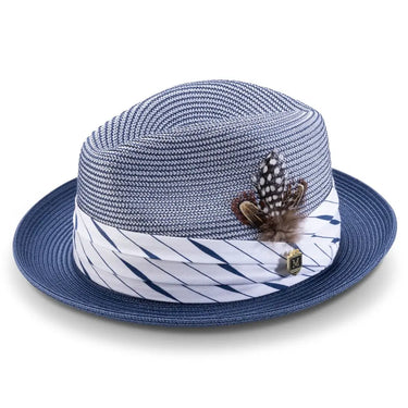 Montique Intrepid Two-Toned Polybraid Straw Fedora in Navy #color_ Navy