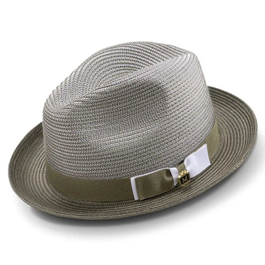 Montique Landon Two-Toned Polybraid Straw Fedora in Olive #color_ Olive