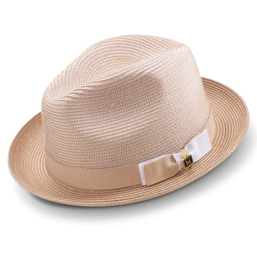 Montique Landon Two-Toned Polybraid Straw Fedora in Tan #color_ Tan