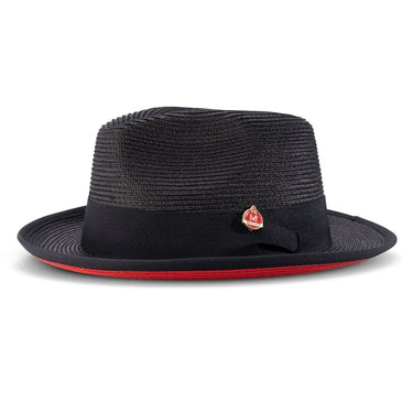 Montique Patterson Red Bottom Pinch Front Straw Fedora in Black / Red