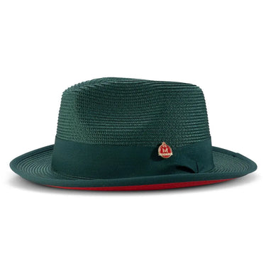 Montique Patterson Red Bottom Pinch Front Straw Fedora in Emerald / Red