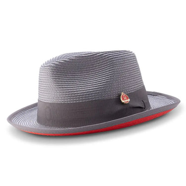 Montique Patterson Red Bottom Pinch Front Straw Fedora in Grey / Red #color_ Grey / Red