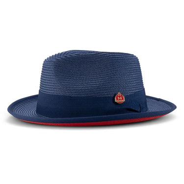 Montique Patterson Red Bottom Pinch Front Straw Fedora in Navy / Red