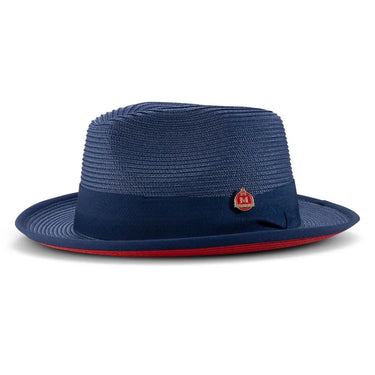 Montique Patterson Red Bottom Pinch Front Straw Fedora in Navy / Red #color_ Navy / Red