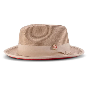 Montique Patterson Red Bottom Pinch Front Straw Fedora in Tan / Red #color_ Tan / Red