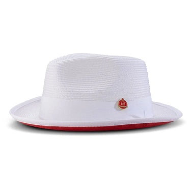 Montique Patterson Red Bottom Pinch Front Straw Fedora in White / Red