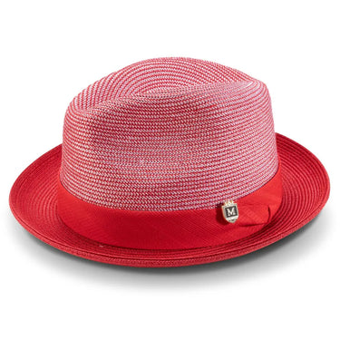 Montique Porter Two-Toned Polybraid Straw Fedora in Red