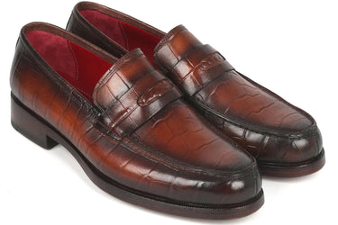 Paul Parkman Croco-Embossed Calfskin Penny Loafers in Brown