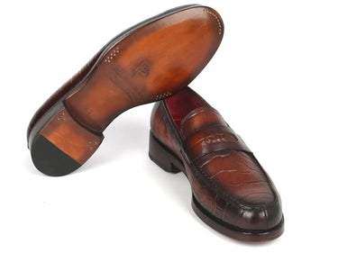 Paul Parkman Croco-Embossed Calfskin Penny Loafers in Brown