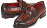 Paul Parkman Croco-Embossed Calfskin Penny Loafers in Brown