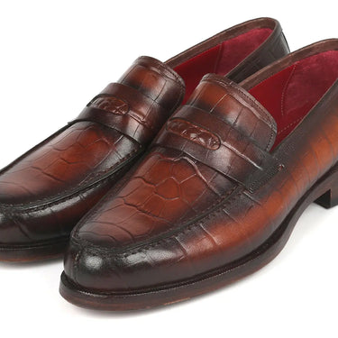 Paul Parkman Croco-Embossed Calfskin Penny Loafers in Brown in #color_