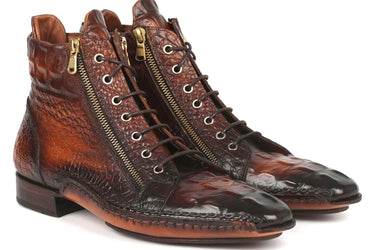 Paul Parkman Croco-Textured Calfskin Handmade Zipper Boots in Brown Burnished