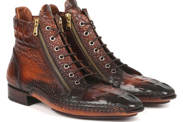 Paul Parkman Croco-Textured Calfskin Handmade Zipper Boots in Brown Burnished