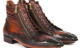 Paul Parkman Croco-Textured Calfskin Handmade Zipper Boots in Brown Burnished