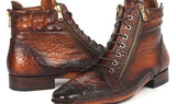 Paul Parkman Croco-Textured Calfskin Handmade Zipper Boots in Brown Burnished