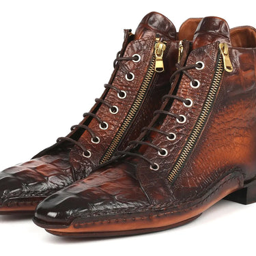 Paul Parkman Croco-Textured Calfskin Handmade Zipper Boots in Brown Burnished in #color_