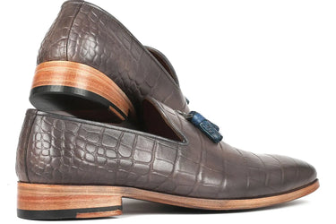 Paul Parkman Men's Crocodile Embossed Calfskin Tassel Loafer in Gray