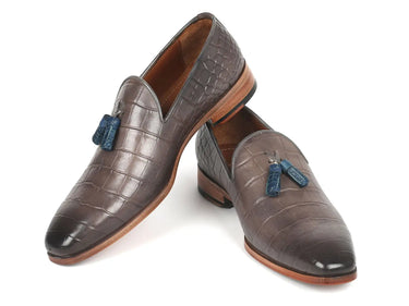 Paul Parkman Men's Crocodile Embossed Calfskin Tassel Loafer in Gray