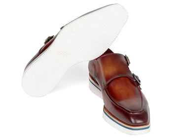 Paul Parkman Men's Smart Casual Monkstrap Shoes in Brown Leather