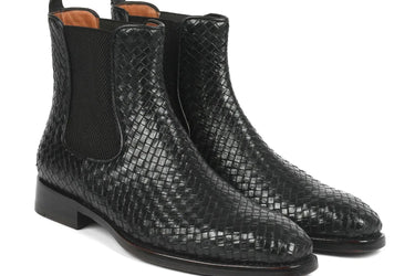 Paul Parkman Men's Woven Leather Chelsea Boots in Black