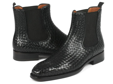 Paul Parkman Men's Woven Leather Chelsea Boots in Black
