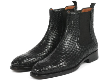 Paul Parkman Men's Woven Leather Chelsea Boots in Black