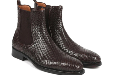 Paul Parkman Men's Woven Leather Chelsea Boots in Chocolate Brown