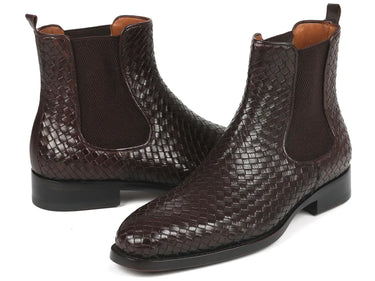 Paul Parkman Men's Woven Leather Chelsea Boots in Chocolate Brown