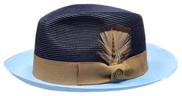 Bruno Capelo South Beach Two-Tone Straw Snap Brim Fedora in Navy Blue Light Blue