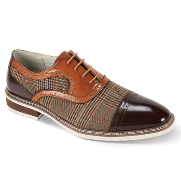 Giovanni Sinclair Leather & Plaid Cap Toe Dress Shoes in Chocolate Brown Whiskey