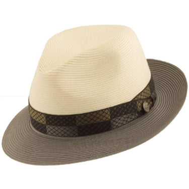 Stetson Andover Florentine Milan Straw Fedora in Ivory / Grey #color_ Ivory / Grey