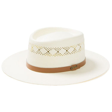 Stetson Brentwood Vented Shantung Straw Wide Brim Gambler in Natural #color_ Natural