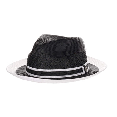 Steven Land Adrian Vented Pinch Front Polybraid Straw Fedora in Black / White #color_ Black / White