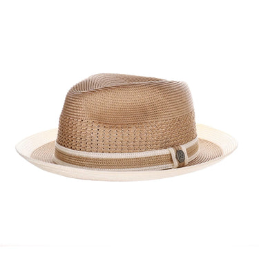 Steven Land Adrian Vented Pinch Front Polybraid Straw Fedora in Cognac / Ivory #color_ Cognac / Ivory