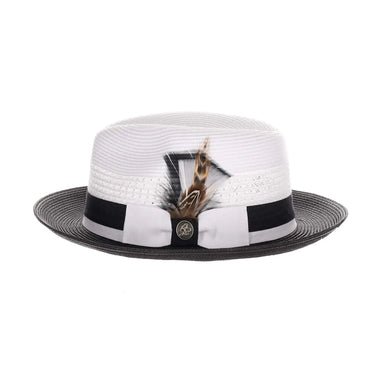 Steven Land Elliott Pinch Front Natural Straw Fedora in White / Black
