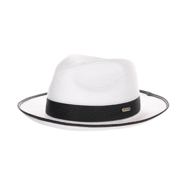 Steven Land Parker Pinch Front Polybraid Straw Fedora in White / Black