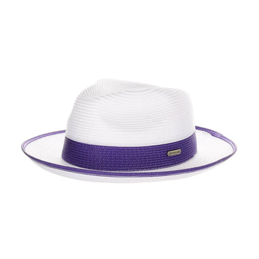 Steven Land Parker Pinch Front Polybraid Straw Fedora in White / Purple #color_ White / Purple