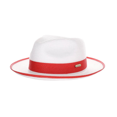 Steven Land Parker Pinch Front Polybraid Straw Fedora in White / Red