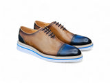 Carrucci Shoes Two Tone Cap Toe Calfskin Oxford in Navy Tan